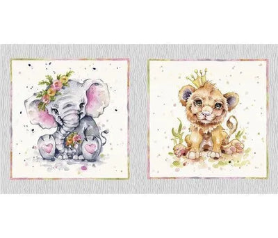 Elephant and Lion Cub Nursery Panel Sillier than Sally - Sunnyside Fabrics UK - baby animals, cotton, elephant, giraffe, lion, p and b textiles, safari, safari animals, sillier than sally, zebra - {{product.type}} - sunnysidefabricsuk.com