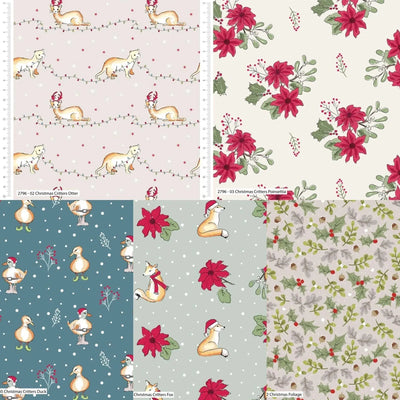 Otter Cotton Fabric from Debbie Shore - Sunnyside Fabrics UK - Christmas critters, Debbie Shore, fox, foxes, otter, poinsettia, rabbits - {{product.type}} - sunnysidefabricsuk.com