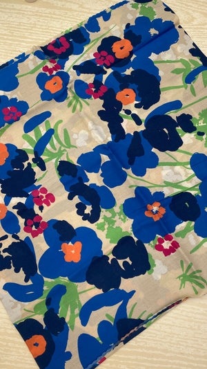 Blue Floral Cotton Lawn Fabric Remnant