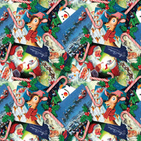 A repeating Christmas-themed pattern featuring Rudolph the Red-Nosed Reindeer, Santa Claus, candy canes, holly, snow, sleighs, and blue gift tags with white script text.