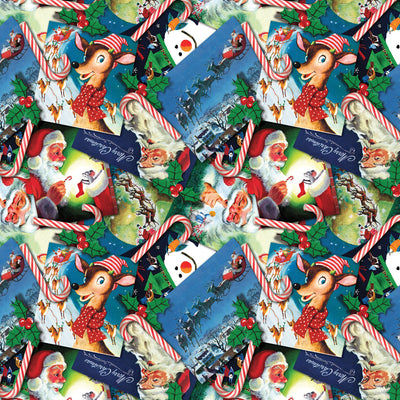 A repeating Christmas-themed pattern featuring Rudolph the Red-Nosed Reindeer, Santa Claus, candy canes, holly, snow, sleighs, and blue gift tags with white script text.