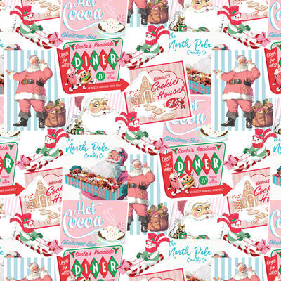 A repeating vintage-style Christmas diner collage pattern on a white background, featuring Santa Claus, candy canes, hot cocoa signs, and retro diner advertisements in pink, red, green, blue, and beige tones.