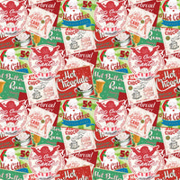 A repeating vintage holiday candy and hot chocolate label pattern featuring Santa Claus, gingerbread men, candy canes, and text such as 'Santa Cocoa,' 'Hot Chocolate,' 'Candy Cane,' and 'Rum.'.