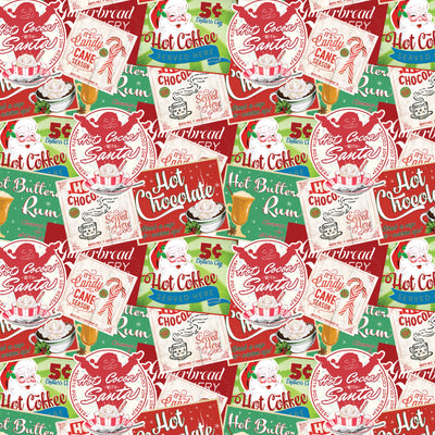 A repeating vintage holiday candy and hot chocolate label pattern featuring Santa Claus, gingerbread men, candy canes, and text such as 'Santa Cocoa,' 'Hot Chocolate,' 'Candy Cane,' and 'Rum.'.