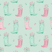 Camelot Fabrics, Rodeo Rose Cowboy Boots Mint, Cotton Fabric