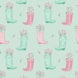 Camelot Fabrics, Rodeo Rose Cowboy Boots Mint, Cotton Fabric