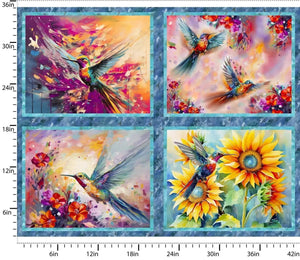 3 Wishes Fabric, Hummingbird Bouquet Panel Cotton Fabric