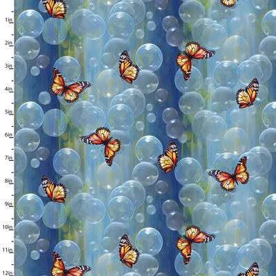 3 Wishes Fabric, Blue Butterflies and Bubbles, Fur-ever Friends Cotton Fabric