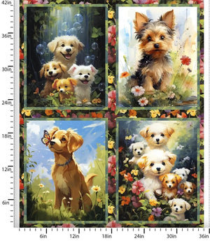 3 Wishes Fabric, Fur-ever Friends Dogs, Quilting Cotton Fabric Panel