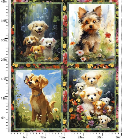 3 Wishes Fabric, Fur-ever Friends Dogs, Quilting Cotton Fabric Panel