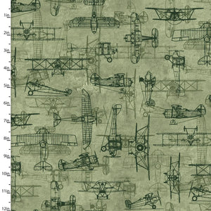 3 Wishes Fabric, Blueprint Green, First in Flight, Cotton Fabric - Great For Fathers Day Makes