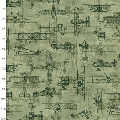 3 Wishes Fabric, Blueprint Green, First in Flight, Cotton Fabric