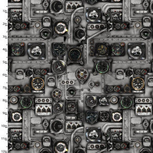 First in Flight Aviation Control Panel Grey Cotton Fabric | Michael Moon for 3 Wishes Fabric
