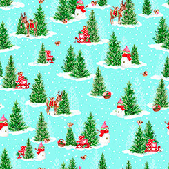 Gnome for the Holidays, Pine Trees Aqua, Cotton Fabric