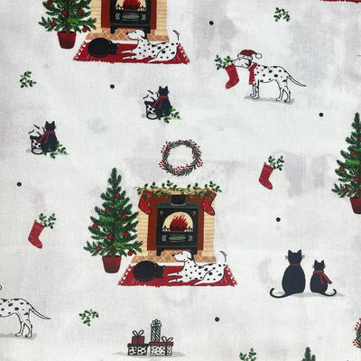 By the Fire, Christmas Pets Cotton Fabric