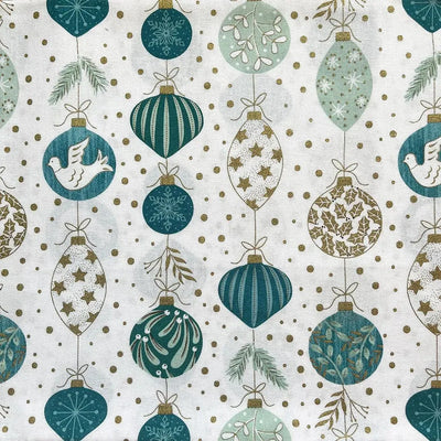 Deluxe Christmas Baubles White, Metallic Cotton Fabric