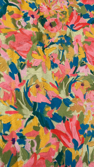 Linen Viscose Floral Remnant | Painterly Floral | Pink, Yellow & Pistachio | 56" x 14"