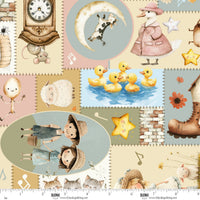 A fabric pattern featuring a whimsical country-themed collage with illustrations of yellow ducks, a sheep, a clock, a duck in a pink coat, stars, musical notes, and children, shown with a measurement ruler at the bottom indicating scale.