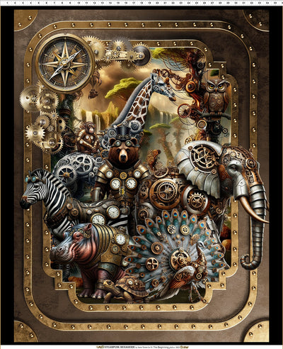 Steampunk Menagerie Panel, Steampunk Cotton Fabric