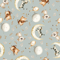 A repeating watercolor-style pattern on a pale blue background featuring playful animals and musical notes: cats playing violins, cows on crescent moons, dogs and pigs with round faces, and scattered music notes in tan, cream, and light pink.