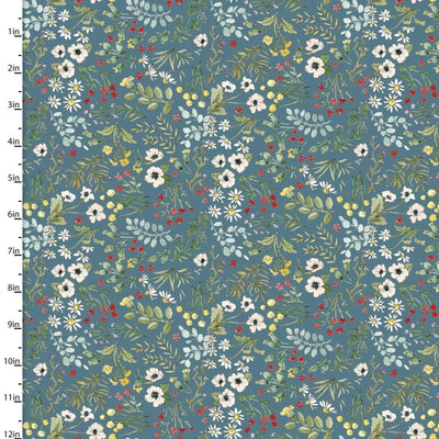 3 Wishes Fabric, Tossed Flowers Teal, Cottontail Farm Cotton Fabric