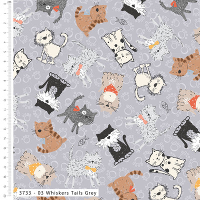 Craft Cotton Purrfect Cats, Whiskers Tail Grey Cotton Fabric