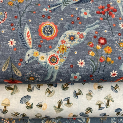 Henry Glass, Norwegian Forest Blue Toadstools Cotton Fabric 3552-17