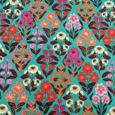 Folk Flora, Floral Bouquet Turquoise, Caroline Alfreds - Sunnyside Fabrics UK - 3 wishes,3 wishes fabric,3 Wishes Fabrics,Autumn foliage,berries,Butterflies,falling leaves,pumpkin,pumpkins,quilting fabric,toadstools - alt - sunnysidefabricsuk.com