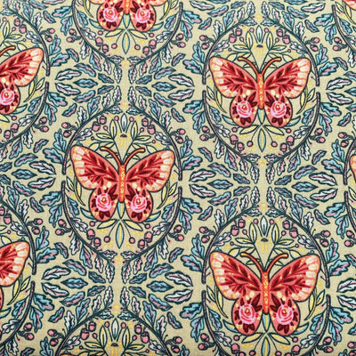 Folk Flora, Mirrored Butterfly Green, Caroline Alfreds - Sunnyside Fabrics UK - 3 wishes,3 wishes fabric,3 Wishes Fabrics,Autumn foliage,berries,Butterflies,falling leaves,pumpkin,pumpkins,quilting fabric,toadstools - alt - sunnysidefabricsuk.com