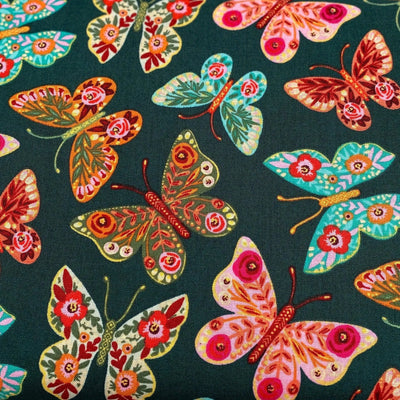 Folk Flora, Scattered Butterflies Green, Caroline Alfreds - Sunnyside Fabrics UK - 3 wishes,3 wishes fabric,3 Wishes Fabrics,Autumn foliage,berries,Butterflies,falling leaves,pumpkin,pumpkins,quilting fabric,toadstools - alt - sunnysidefabricsuk.com