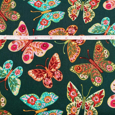 Folk Flora, Scattered Butterflies Green, Caroline Alfreds - Sunnyside Fabrics UK - 3 wishes,3 wishes fabric,3 Wishes Fabrics,Autumn foliage,berries,Butterflies,falling leaves,pumpkin,pumpkins,quilting fabric,toadstools - alt - sunnysidefabricsuk.com