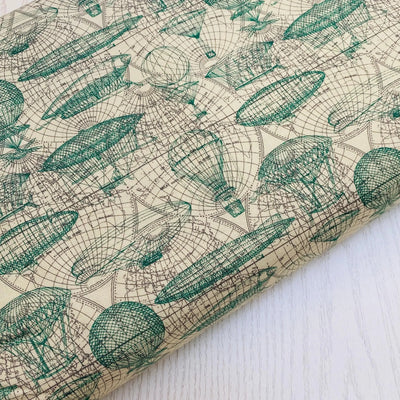 Time Travel,  Airships Blue Print, Cotton Fabric