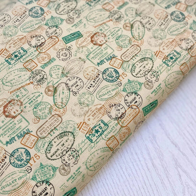 Time Travel, Postal Stamps, Steampunk Cotton Fabric