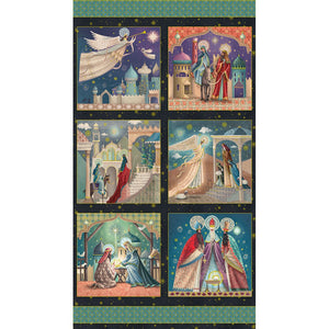 A vertical fabric panel featuring six square panels with colorful Christmas and nativity illustrations, bordered by a dark frame and a teal patterned bottom edge.