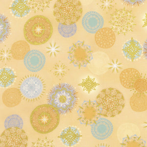 A repeating pattern of circular mandalas and starburst motifs in soft pastel tones including yellow, beige, light blue, and olive green on a pale cream background.