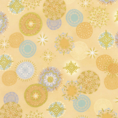 A repeating pattern of circular mandalas and starburst motifs in soft pastel tones including yellow, beige, light blue, and olive green on a pale cream background.