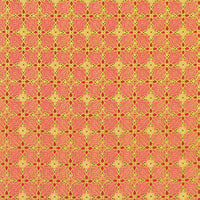 A repeating geometric pattern in persimmon,  and gold, featuring symmetrical floral and starburst motifs arranged in a grid.