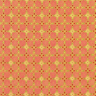 A repeating geometric pattern in persimmon,  and gold, featuring symmetrical floral and starburst motifs arranged in a grid.