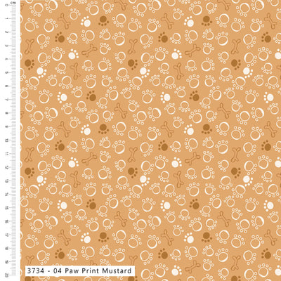 Craft Cotton Ruff and Tumble, Paw Prints Mustard Cotton Fabric