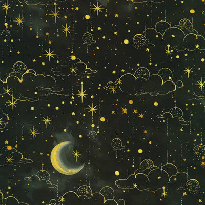 Pattern of stars, clouds, and a crescent moon on a dark background