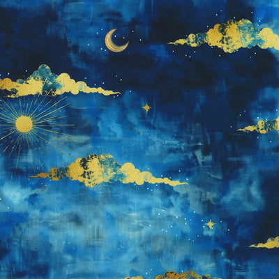 Artistic depiction of a night sky with stars, moon, and sun on a blue background.