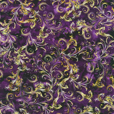 Decorative fabric with intricate gold and purple swirl pattern