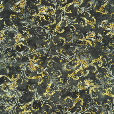 Decorative fabric with gold and silver swirl patterns on a black background