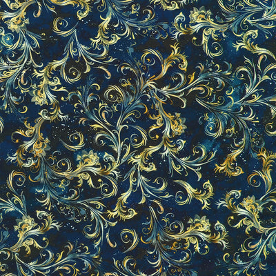 Decorative pattern with gold and blue swirls on a dark blue background