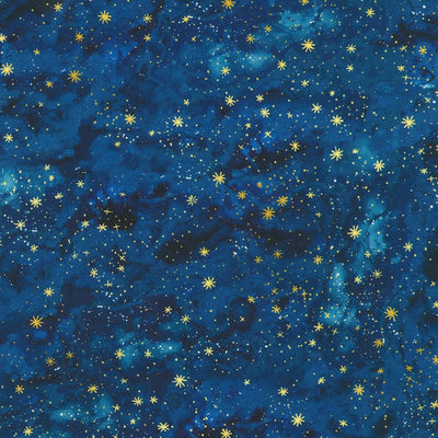 Starry night sky pattern with yellow stars on a blue background