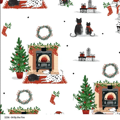 By the Fire, Christmas Pets Cotton Fabric