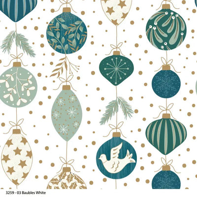 Deluxe Christmas Baubles White, Metallic Cotton Fabric