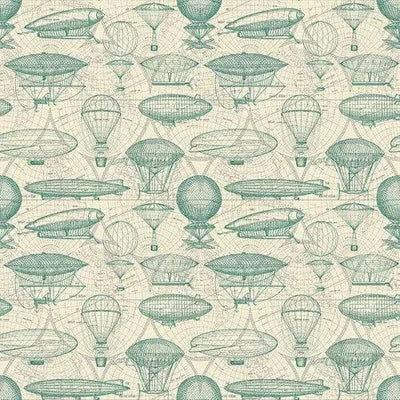 Time Travel,  Airships Blue Print, Cotton Fabric