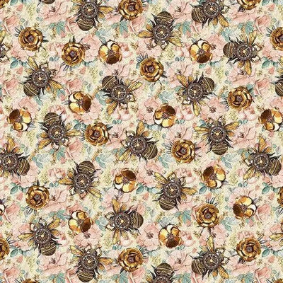 Time Travel, Bees on Flowers, Steampunk Cotton Fabric