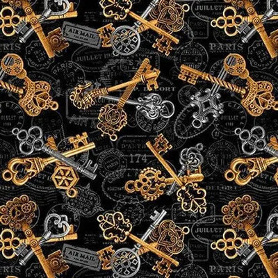 Time Travel, Keys, Steampunk Cotton Fabric
